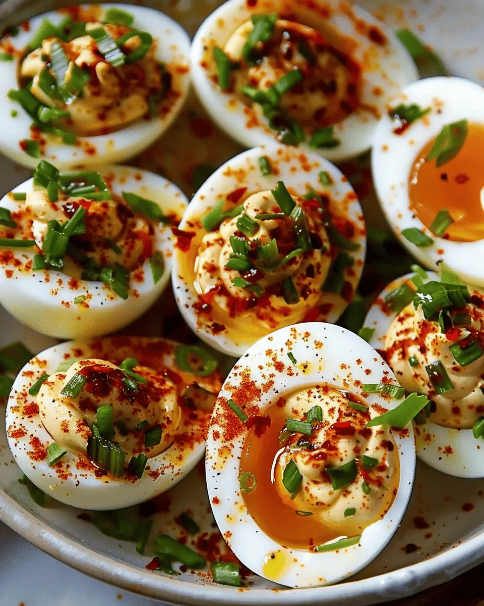 Spicy Chili Garlic Deviled Eggs with Turkey Bacon Delight