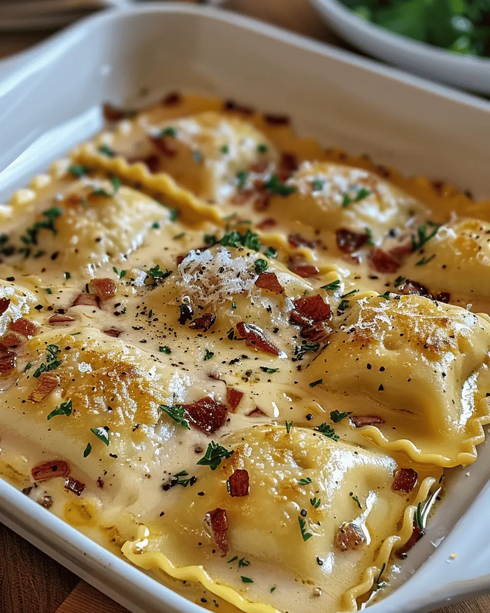 Olive Garden-Inspired Ravioli Carbonara with Turkey Bacon Delight