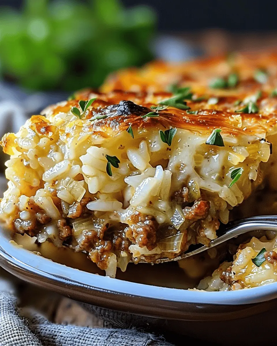 French Onion Ground Beef and Rice Casserole with Turkey Bacon Delight