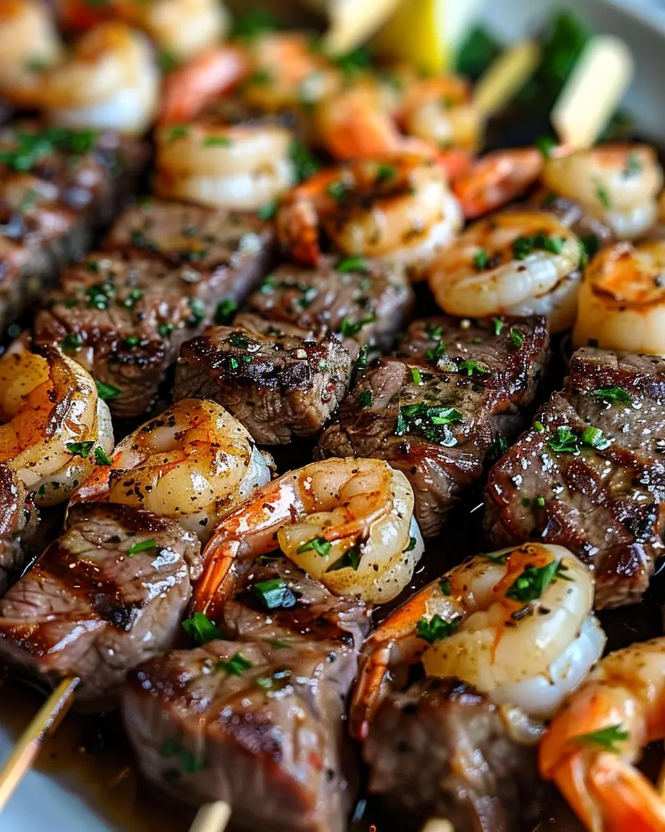 Grilled Steak and Shrimp Skewers: Juicy Garlic Butter Delight